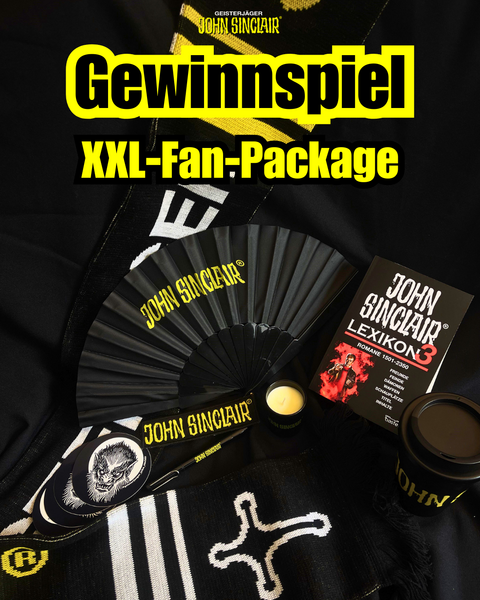 Das Bild zeigt den Inhalt des XXL-Fan-Pakets, zu dem unter anderem ein Schal, ein Trinkbecher und das 3. Sinclair-Lexikon zählen.